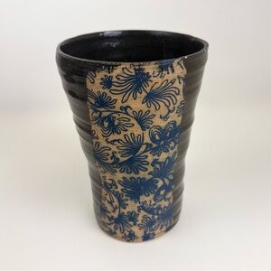 Studio Pottery Artisan Blue Floral Dark Glaze Hand Thrown Crafted Vase